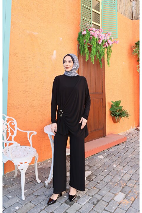 NİSUM MODA Yanı Tokalı Sandy Pantolonlu Takım