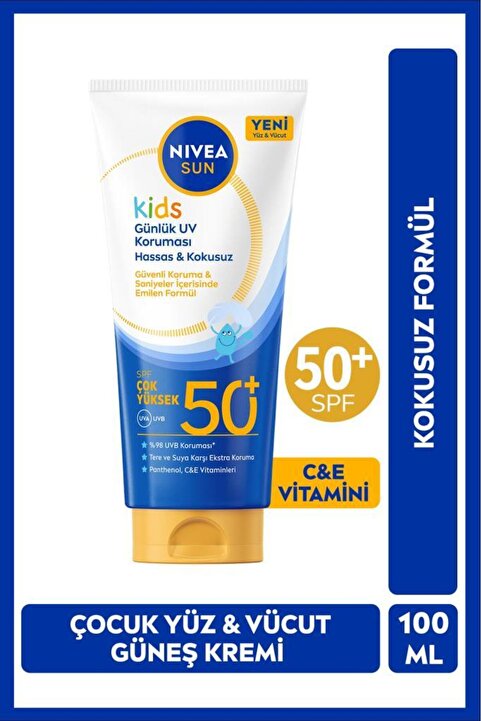 NIVEA SUN SPF50+Çocuk İçin Yüz ,Vücut Yüksek Koruyucu Güneş Kremi 100 ml,Kokusuz,3 Yaş ve Üzeri