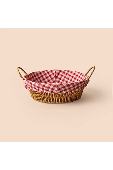 MİEN Rattan Yuvarlak Ekmeklik - Kahverengi / Kırmızı - 26x24,5x8 cm