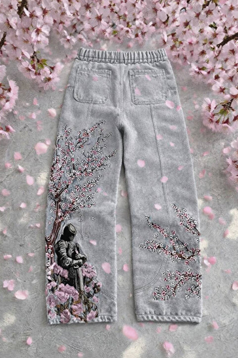 İlayda Toprak Night Blossom Sakura Çiçek Nakışlı Gri Wide Leg Bol Kalıp 3 İplik Unisex Eşofman Altı