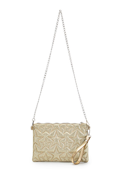 minebag Yıldız Dikişli Clutch Star Kadın Çanta Simli Gold