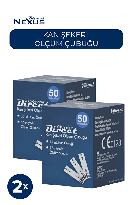 Direct Glukoz Ölçüm Test Şeridi 50 Adet 2 Kutu Toplam 100 Adet