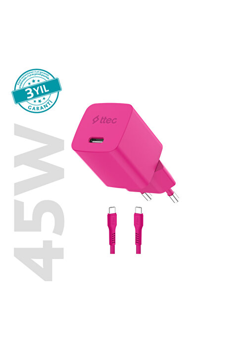 Ttec SmartCharger GAN 45W AVS PD Seyahat Hızlı Şarj Aleti + USB-C - USB-C 3A 120 cm Kablo Neon