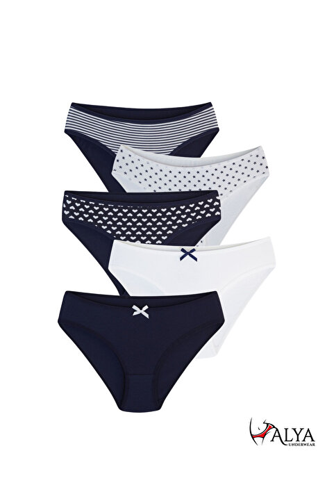 ALYA UNDERWEAR Kız Çocuk - Garson Empirme Baskılı Pamuklu Kumaş Slip Külot 5'li Paket Lacivert Varyant