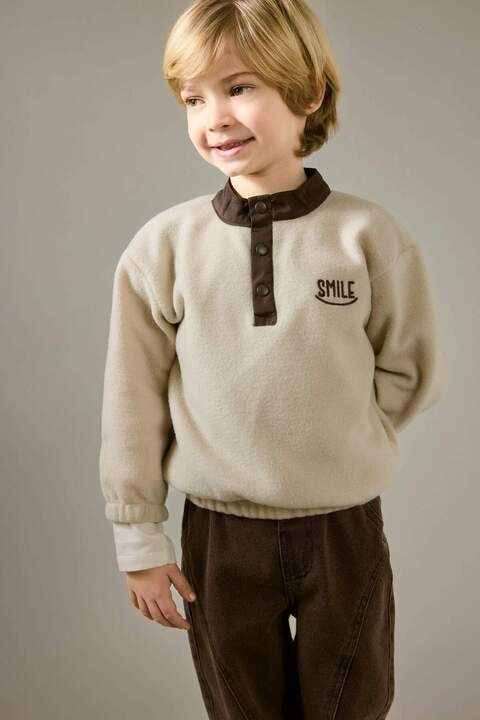 Defacto Baskılı Düğmeli Polar Sweatshirt Erkek Bebek G1124A525WN