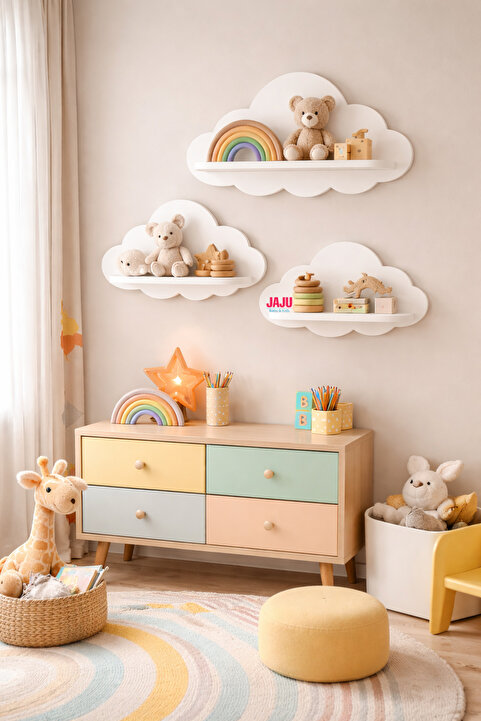 Jaju Baby 3'lü Beyaz Bulut Raf Set Çocuk Ve Bebek Odası Aksesuar Raf