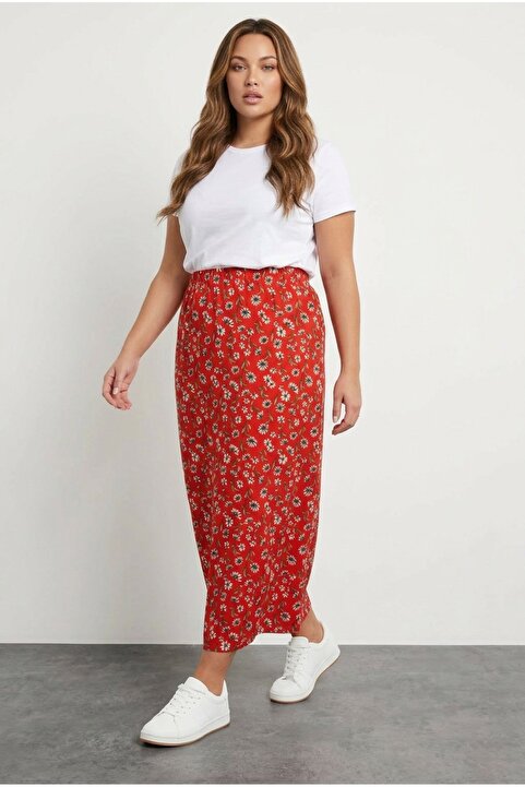 Stil Diva Büyük Beden Beli Lastikli Uzun Kesim Çiçek Desenli Cepsiz Etek 303898