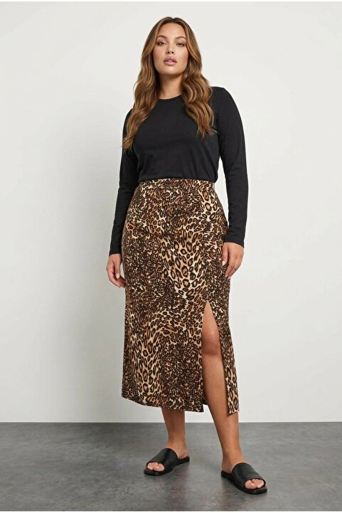 Stil Diva Büyük Beden Beli Lastikli Yırtmaçlı Leopar Desenli Midi Boy Etek 303706