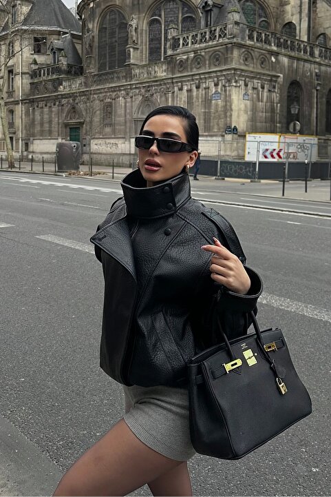 MEECY Kadın ZR Model Dik Yaka Fermuarlı Deri Ceket