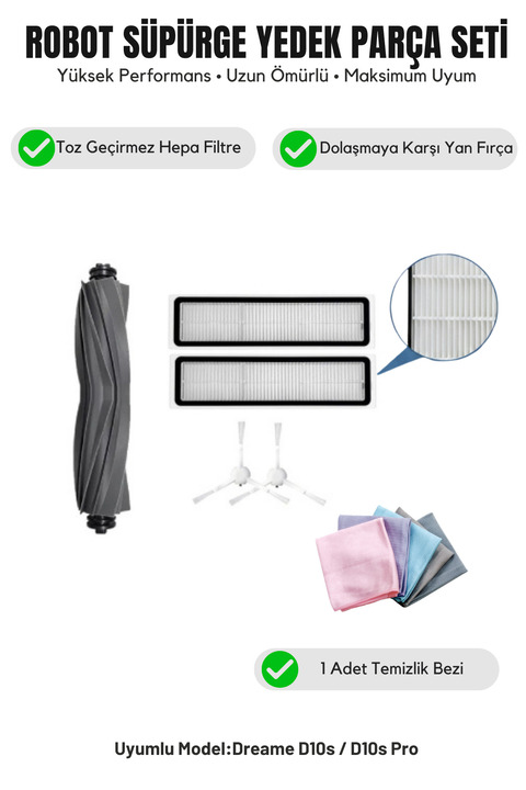 Asgard Grup Dreame D10s / D10s Pro Robot Vacuum Cleaner Uyumlu ANA FIRÇA 2 ADET FİLTRE VE 2 ADET BEYAZ 3 KOLLU