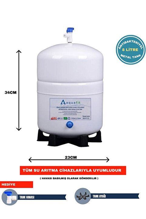 aquafit Su Arıtma Cihazı Tankı 8 Lt. (2,2 GALON) Paslanmaz Metal Tank - Tank Vanası Ve Ayak Hediyeli