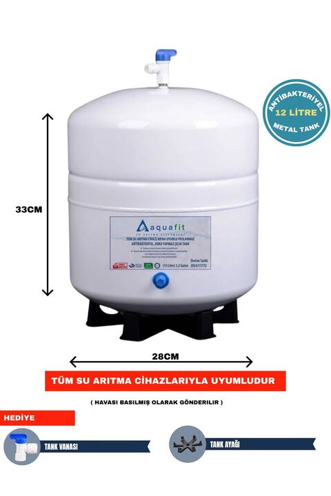 aquafit Su Arıtma Tankı – 12 Lt (3,2 Galon) Paslanmaz Metal + Vanalı ve Ayak Hediyeli