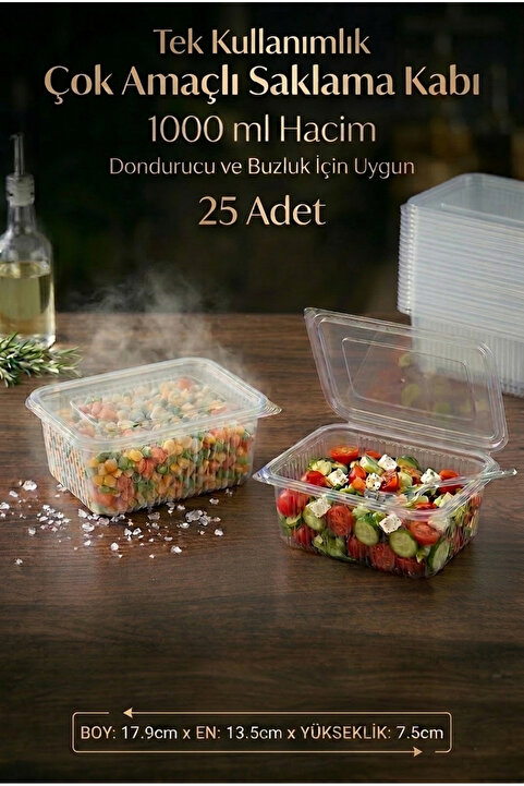 YOK YOK AMBALAJ Kullan At Tek Kullanımlık Plastik Sızdırmaz Kapaklı Kap Kase Saklama Kabı 1000 gr Cc 25 Adet