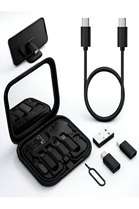 çelikwork inspiring technology Aynalı Standlı 8-in-1 Type-C, USB, Micro, Lightning Port Çevirici Seyahat Seti – Çok Fonksiyonlu