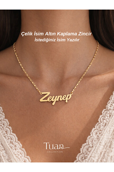 Tuana Trend Kişiye Özel İsim Kolye Özel Tasarım Yüksek Kalite Çelik Gold Renk Kişiselleştirilebilir Hediye