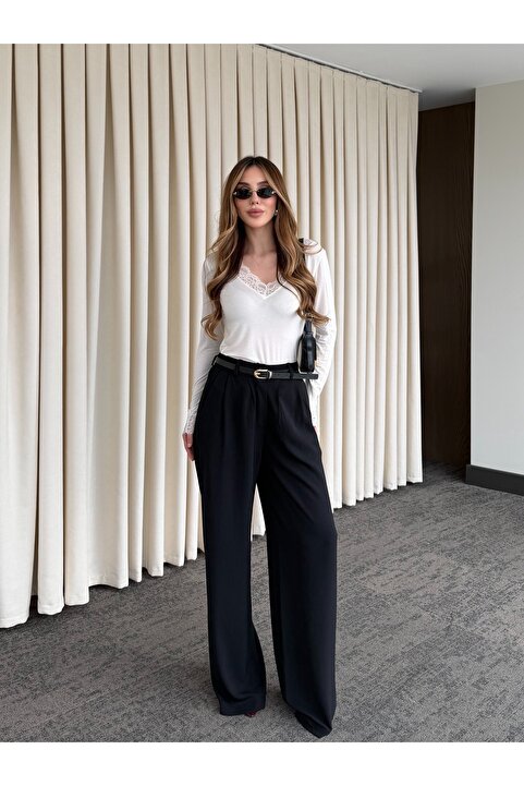 Laluvia Siyah Kemerli Bol Paça Pantolon - 301