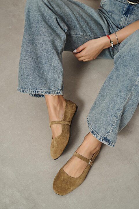 NİŞANTAŞI SHOES Mono Rome Bej Hakiki Deri Toka Detay Düz Taban Kadın Babet