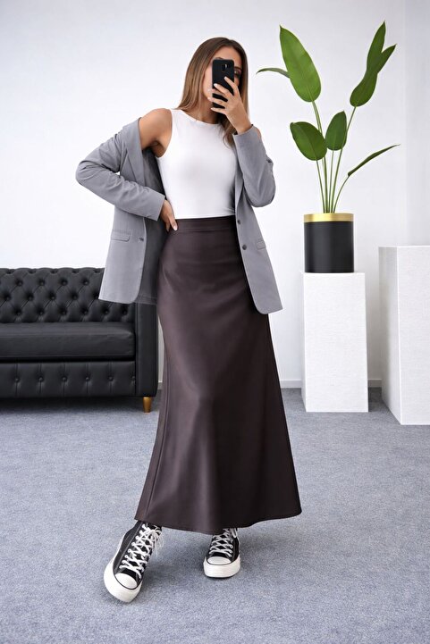 Green'DAL Kadın Şık Saten Kemeri Lastikli 100 Cm Maxi Boy A Line Etek