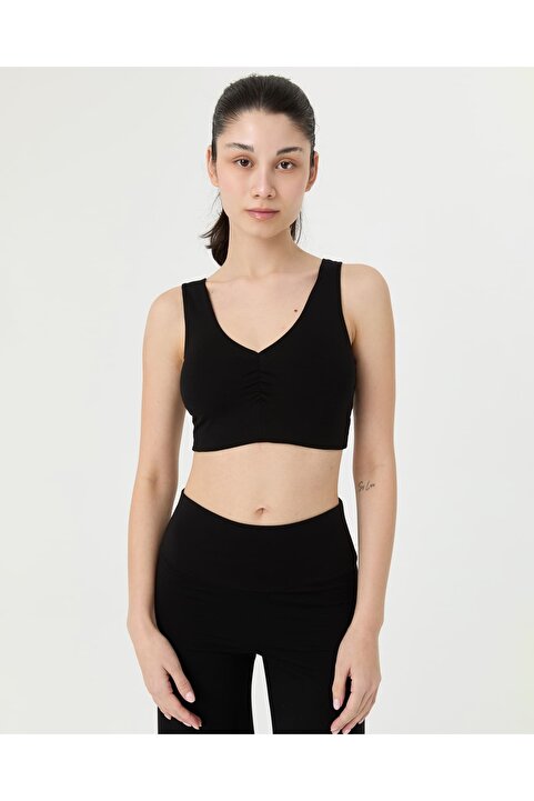 Ayma Active Siyah EcoVero™Viskoz Göğüs Pedli Büzgülü V Yaka Yoga Bra
