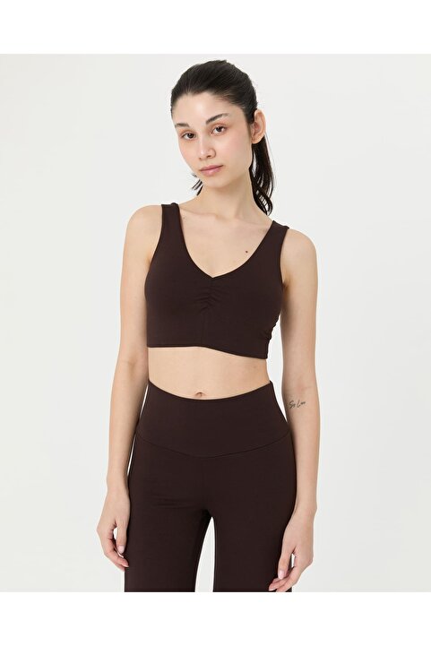 Ayma Active Kahverengi EcoVero™Viskoz Göğüs Pedli Büzgülü V Yaka Yoga Bra