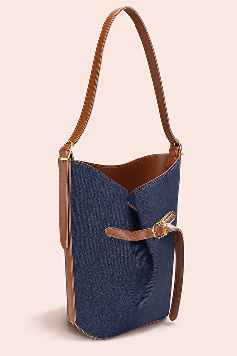 Housebags Luna Denim Bucket Omuz Çantası - Ayarlanabilir Omuz Askılı, Gold Aksesuarlı
