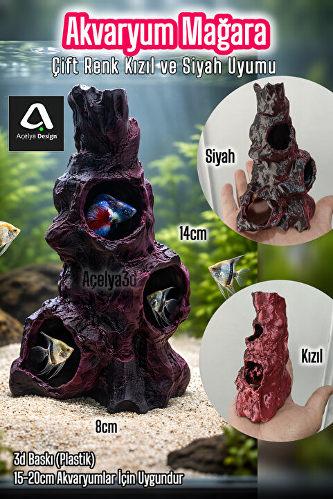 açelya3d Akvaryum Süsü Mağara Dekor Kaya Oyuk Dekoru Balık Saklanma Alanı 14x8cm Normal Boy Kızıl-Siyah Renk