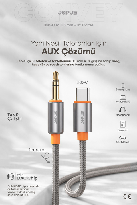 Jopus İphone Android Uyumlu - Type-C To 3.5mm Aux Kablo - Tak Çalıştır Aux Örgülü - 1 Metre - JA-05