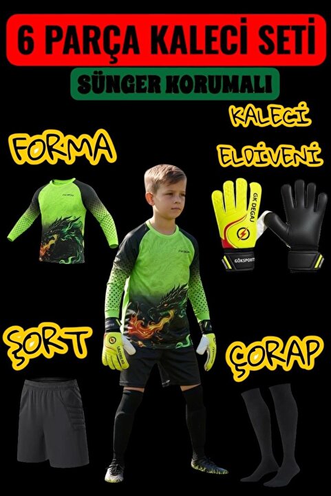GK DEGAJ Dragon Desenli Çocuk Kaleci Eldiveni Sünger Destekli Çocuk Kaleci Forma Şort Çorap Takımı