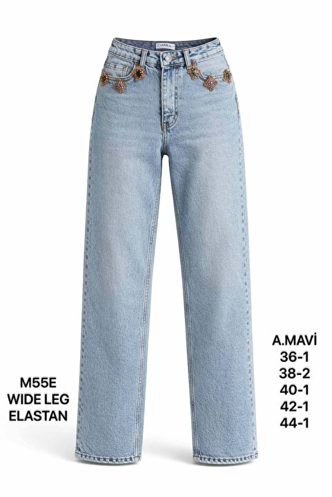 Miss Poem Kadın Açık Mavi Taş Aksesuar Detaylı Wide Leg Jean Pantolon