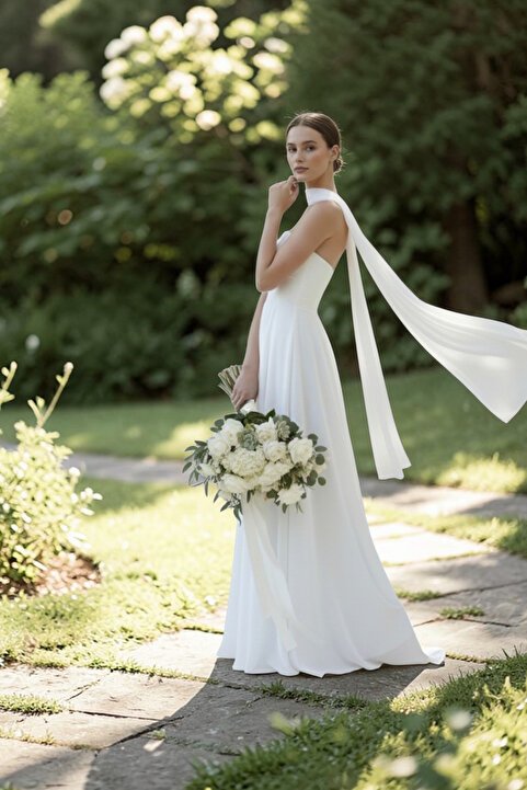 ENDAMIM Nikah Nişan Abiye Dış Çekim Elbise Straplez Şal Detaylı, Kloş Şifon Nikah Elbisesi