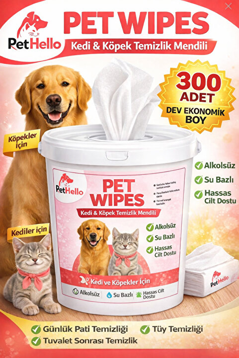 Pet Hello Islak Kova Evcil Hayvan Temizlik Havlusu Kedi/Köpek Pet Wipes 300 Yaprak XL PTH00001