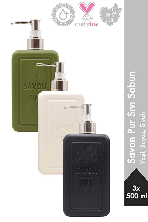 Savon de Royal Savon Pur Luxury Sıvı Sabun Karma Paket 500 ml 3 Adet |Yeşil, Siyah, Beyaz| Vegan, Nemlendirici