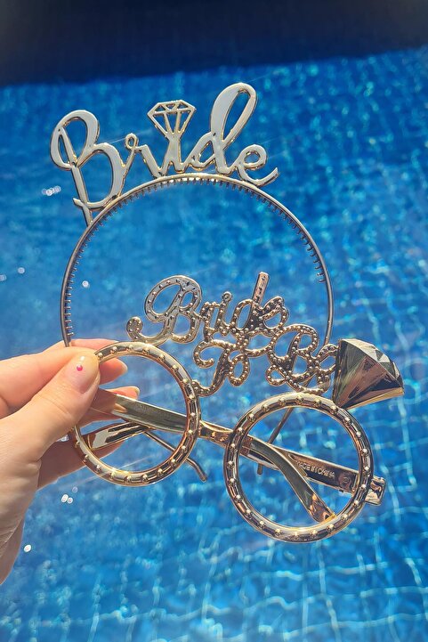 PEKSHOP Bride Taç ve Gözlük Seti Bride To Be Taç Gözlük Plastik Set ROSE GOLD