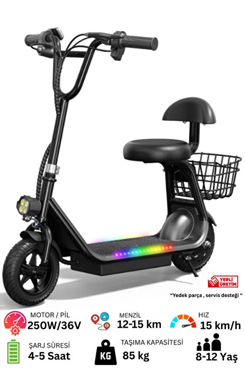 Cool Wheels Elektrikli Oturaklı LED Işıklı Çocuk Scooter - 250W Yerli Üretim Harley Model (8-12 Yaş)