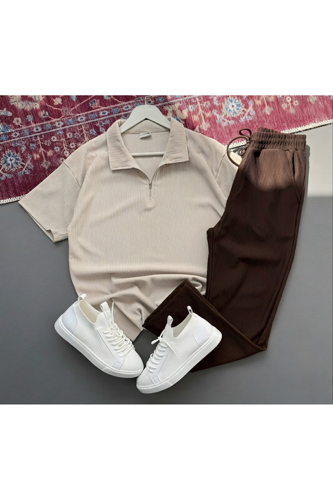 NewCabin Yeni Sezon Premium Kumaş Fitilli Ottoman Yazlık Fermuarlı T-shirt ve Eşofman Altı 2'li Takım
