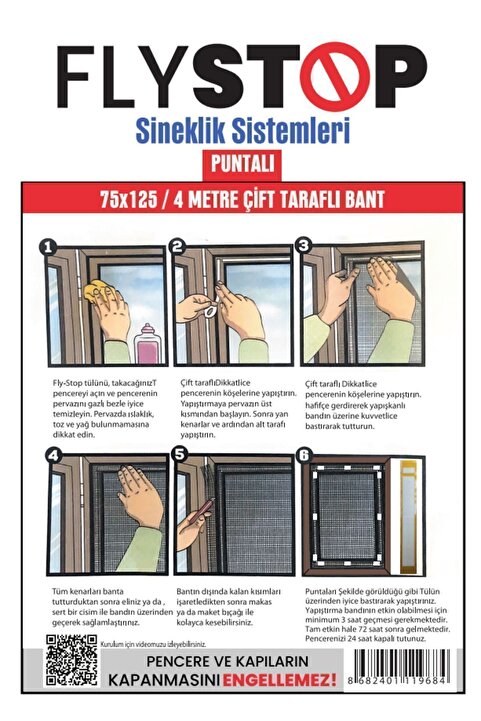 flystop Pencere Tek Kanat Sineklik Sinek Tülü Böcek Tutucu 75x125 Cm Çift Taraflı Bant Puntalı
