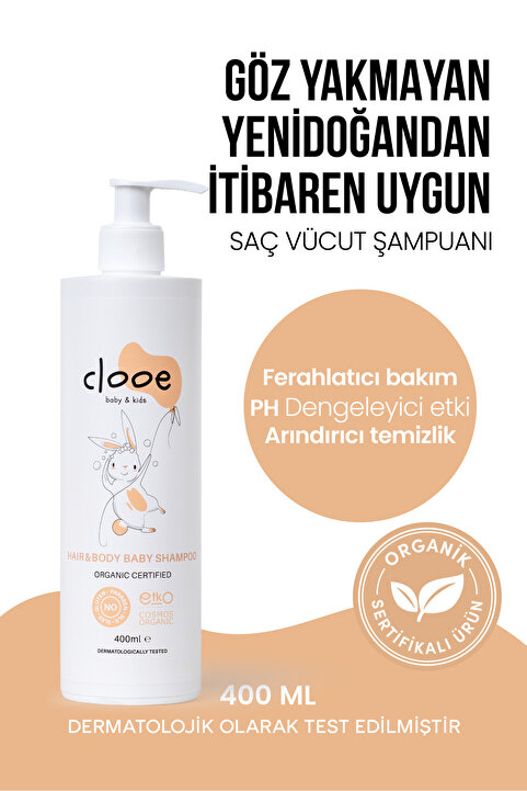 clooe Organik Bebek & Çocuk Saç Vücut Şampuanı (400ml) Gül Suyu ve Kekik Özlü Vegan Formül