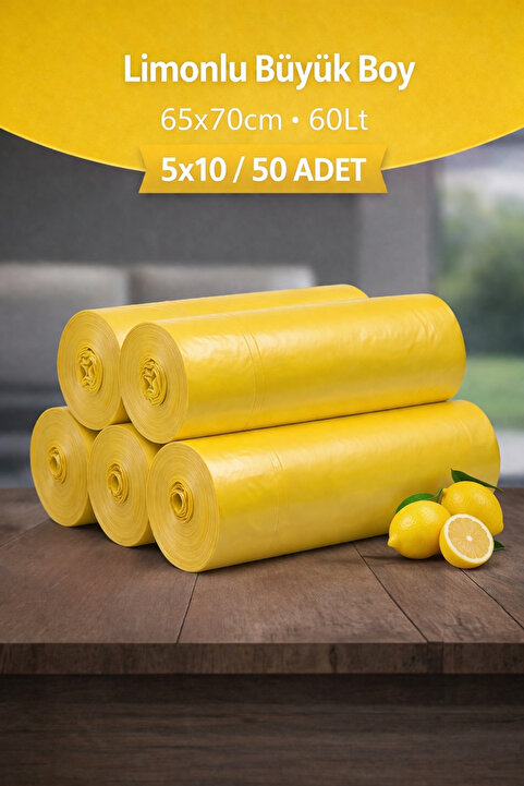naft Büzgülü Büyük Boy Limon Kokulu Çöp Torbası 10'lu 5 Rulo 65x70 Çöp Poşeti 60 Litre