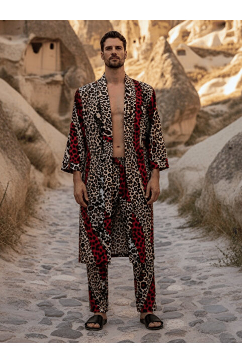 QMEN STYLE Erkek Kimono Takımı Leopar Desen – 3’lü Viskon Set (Bornoz + Pantolon + Şort)