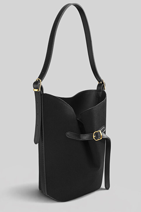 Housebags Luna Kanvas Siyah Bucket Omuz Çantası - Ayarlanabilir Omuz Askılı, Gold Aksesuarlı