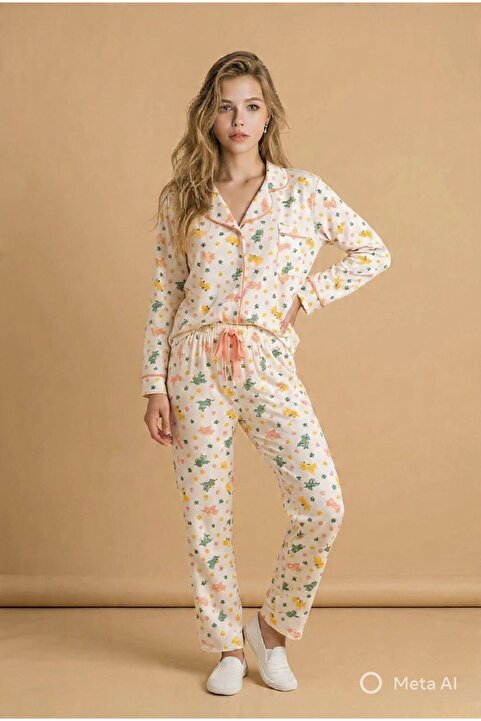 lacelove Uzun Kol Gömlek Yaka Kadın Pinterest Pijama Takımı - Mevsimlik Kadın Pijama- Geniş Beden Aral�