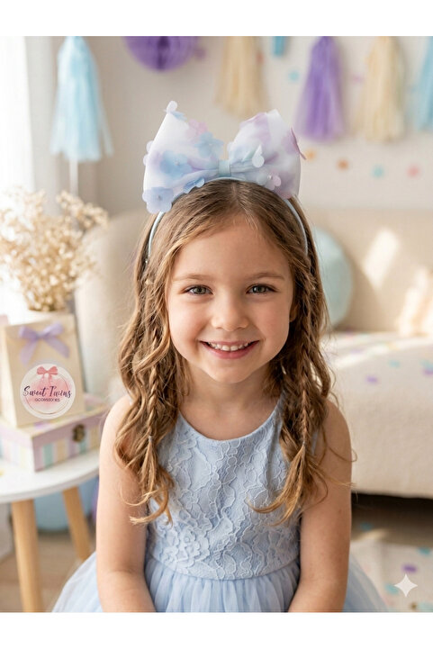 Sweet twins accessories Mavi Lila Çiçekli Kız Çocuk Taç - Tüllü Fiyonklu Hediye Kız Çocuk Tacı