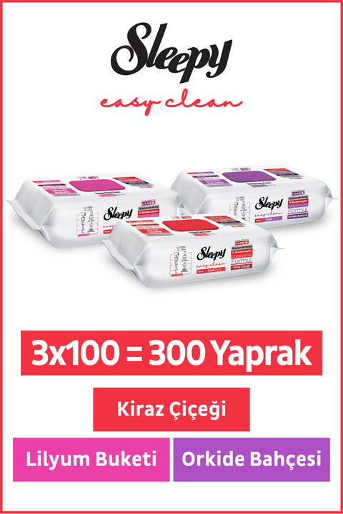 Sleepy Easy Clean Lilyum+ Orkide+ Kiraz Çiçeği Yüzey Temizlik Havlusu Mendili 3x100 (300 Yaprak)