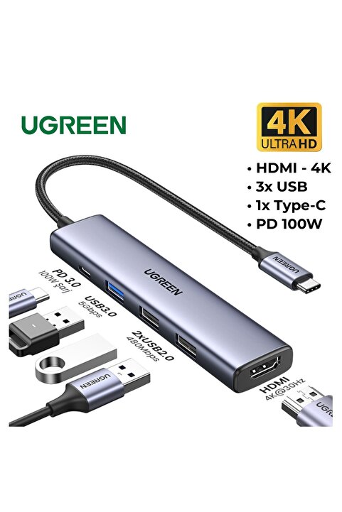 Ugreen Revedok 5 in 1 Type-C Giriş, 3xUSB-A, 1xUSB-C 100W, 4K HDMI, USB Çoklayıcı Dönüştürücü, 15495
