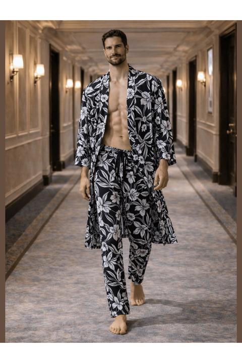QMEN STYLE Erkek Kimono Takımı – 3’lü Bambu Set (Bornoz + Pantolon + Şort)