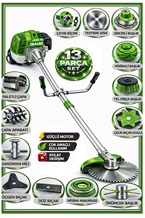 Dragro German DRG-13 + Yan Tipi Benzinli Ot Çalı Çim Biçme Tırpanı + Full Set Hediyeli + Çift Çapa