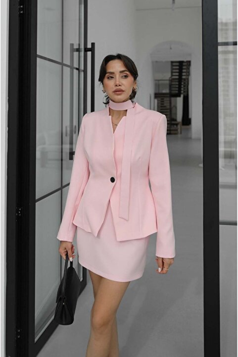Havoş Pembe Micah Kuşak Detaylı Ceket Etek Takım