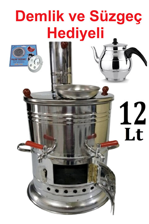 Saule 12 Litre Paslanmaz Metal Odunlu Kömürlü Çay Semaveri Büyük Çift Musluklu DEMLİK HEDİYELİ Semaver 12