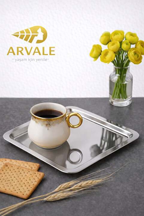 ARVALE Gondor Tepsi 6 Adet Lüx Kare Paslanmaz Çelik Gümüş Renk 21x21cm Kahve Servis Sunum Tepsisi&tabağı