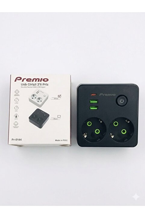 Premio 2 Prizli 2 USB + 1 Type-C Kısa Devre Akım Korumalı Topraklı Şarj Fiş Priz 2500W PR-0144